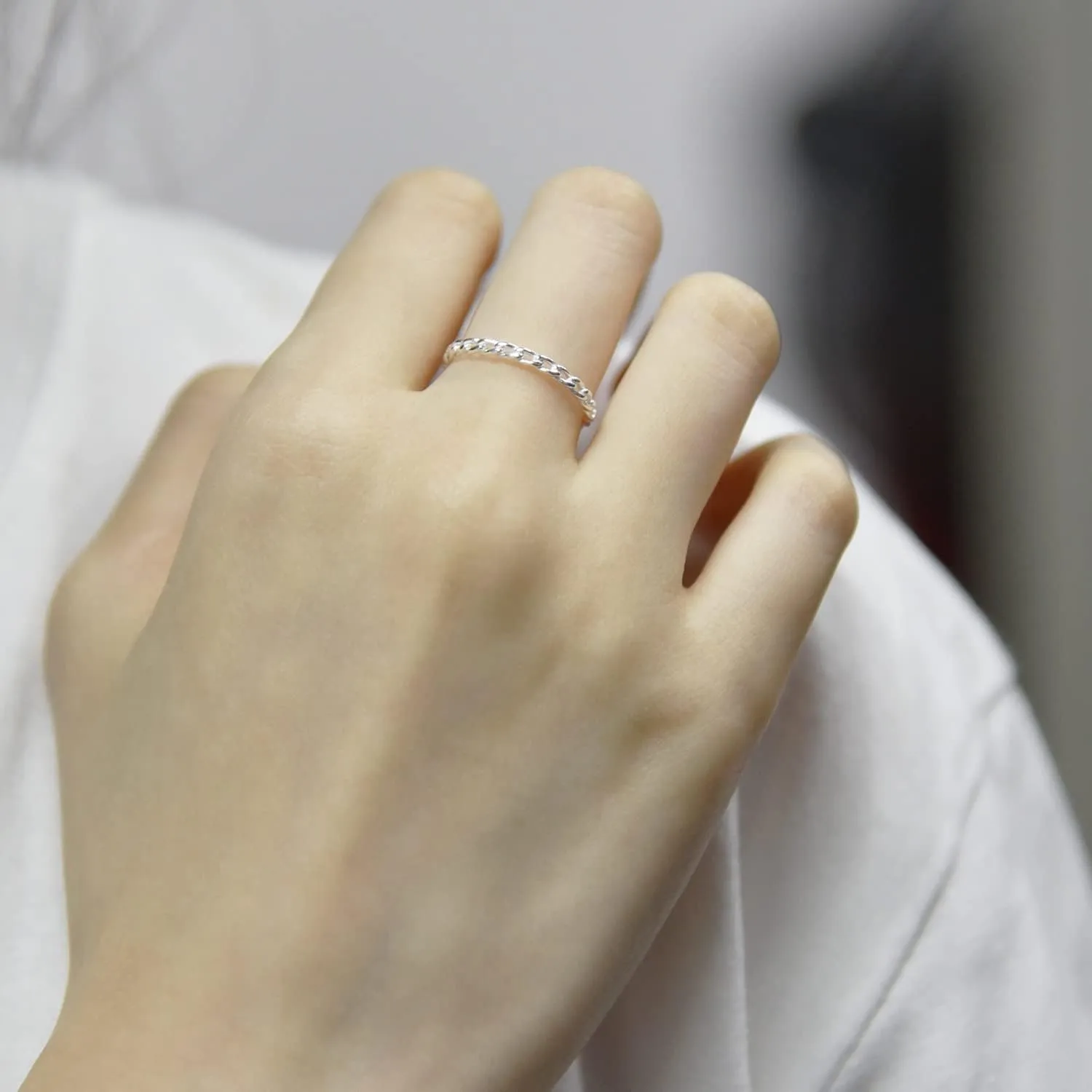 CANDYFANCY 2mm Thin Simple Cuban Chain Link Rings 925 Sterling Silver Filigree Cool Plain Minimalist Middle Finger Thumb Stacking Band Rings