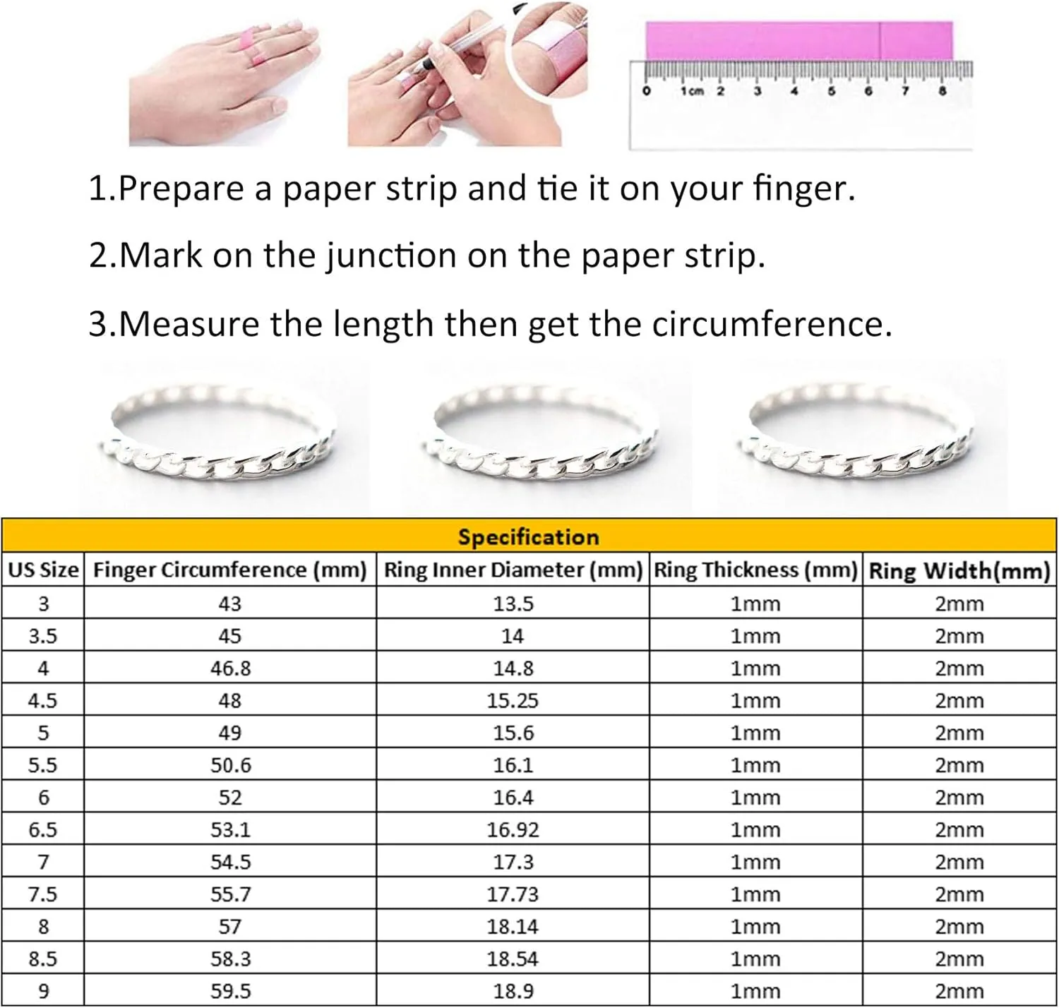 CANDYFANCY 2mm Thin Simple Cuban Chain Link Rings 925 Sterling Silver Filigree Cool Plain Minimalist Middle Finger Thumb Stacking Band Rings