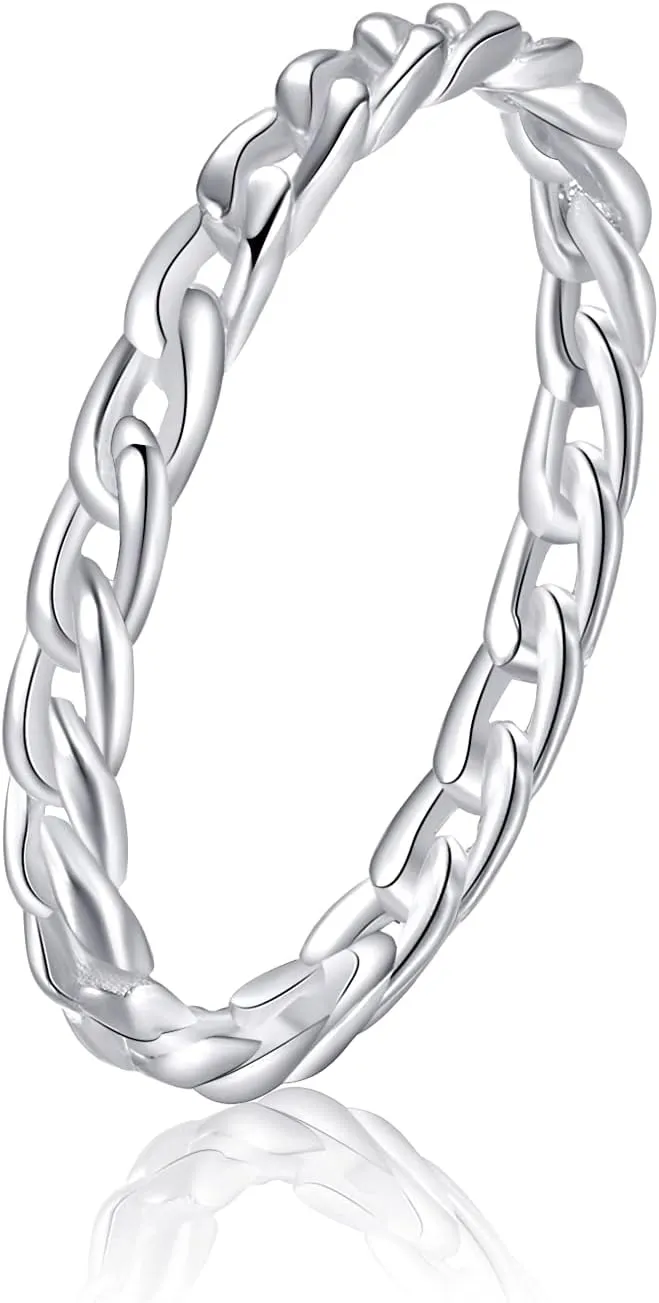 CANDYFANCY 2mm Thin Simple Cuban Chain Link Rings 925 Sterling Silver Filigree Cool Plain Minimalist Middle Finger Thumb Stacking Band Rings
