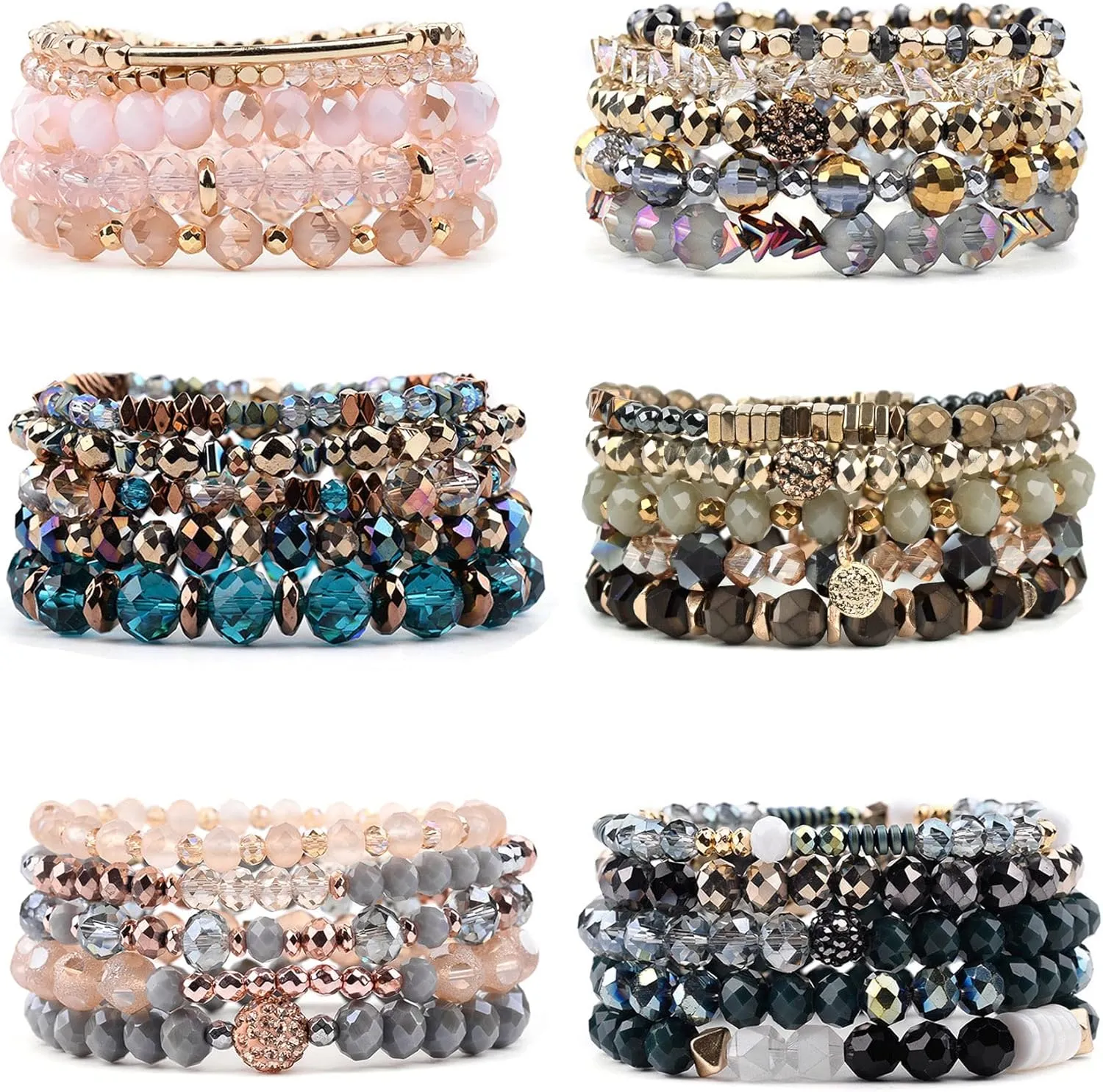 CASDAN 6 Sets Bohemian Stackable Bead Bracelets for Women Stretch Multilayered Bracelet Set Multicolor Boho Jewelry