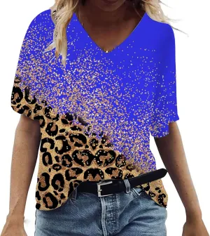 Ceboyel Womens Leopard Print Summer Blouse V Neck Tunic T Shirts Short Sleeve Casual Loose Tee Tops Flowy Ladies Outfits 2023