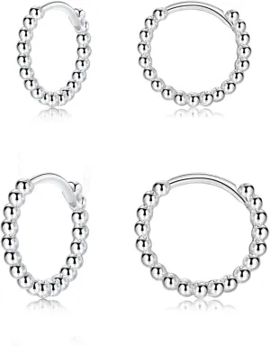 CERSLIMO Silver Hoop Earrings for Women| 3 Pairs Small Sterling Silver Post Beaded Huggie Earrings| Hypoallergenic Tiny Cartilage Sleeper Cuff Jewelry for Men Ladies, 8mm 10mm 12mm