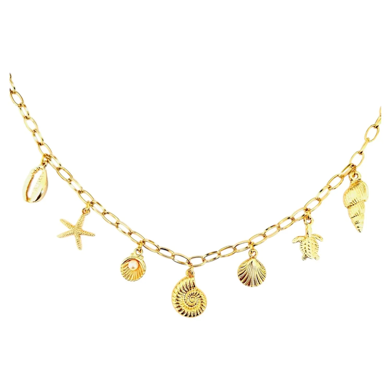 Charm Necklace for Women Dainty Gold Paperclip Beach Charm Necklace Cute SeaShell Starfish Pendant Necklace Summer Jewelry for Women Jewelry Gift