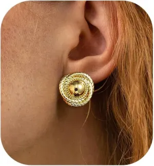 Chunky Gold Earrings for Women, 14k Gold Plated Statement Geometric Round Stud Earrings Hypoallergenic Gold Earrings for Women Trendy Thick Chunky Stud Earrings Fashion Gold Jewelry for Women