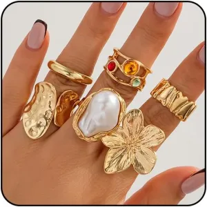 Chunky Gold Rings for Women Non Tarnish Adjustable Gemstone Pearl Flower Rings for Women Statement Silver Ring Stacking Knuckle Ring Chunky Gold Jewelry