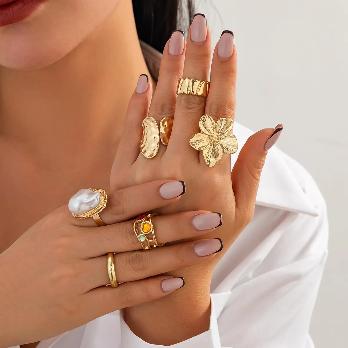 Chunky Gold Rings for Women Non Tarnish Adjustable Gemstone Pearl Flower Rings for Women Statement Silver Ring Stacking Knuckle Ring Chunky Gold Jewelry