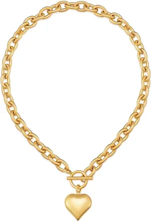 Chunky Heart Necklace Sunburst Heart Pendant Necklace Vintage Statement Necklace for Women Gold Chunky Toggle Necklace