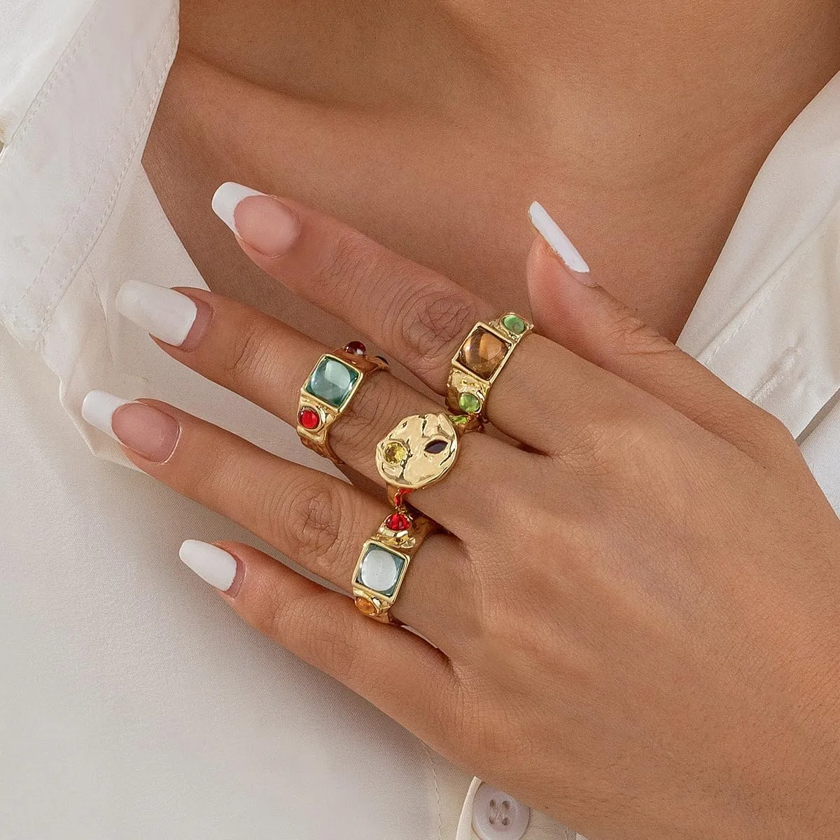Chunky Knuckle Rings for Women 14K Gold/Silver Plated Crystal Zirconia Ring Set Stacked Opening Adjustable Rings Liquid Irregular Ring Set Prom Jewelry