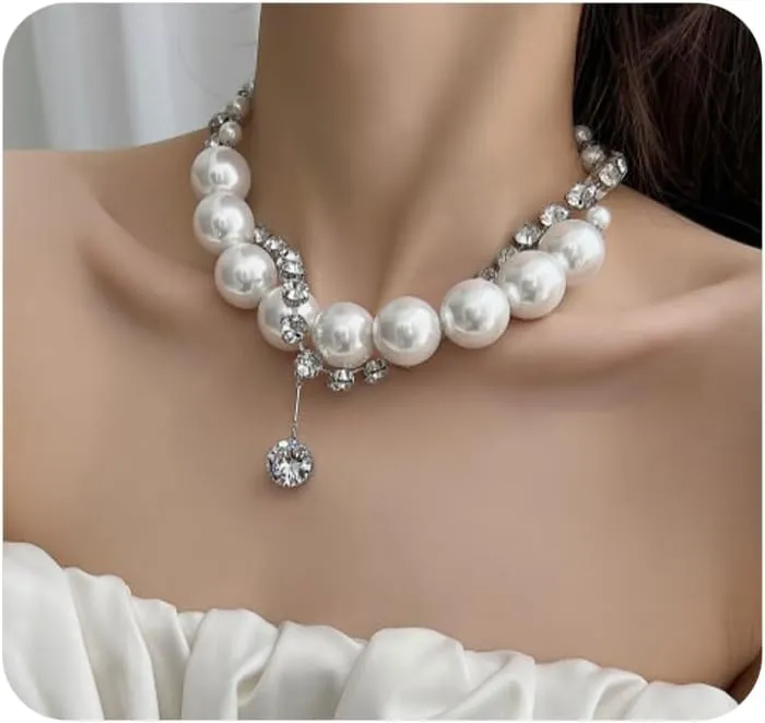 Chunky Pearl Choker Necklace for Women,Big Pearl Rhinestone Layered Necklaces Stack Party Statement Necklaces,Charm Bride Wedding Jewelry Accessories