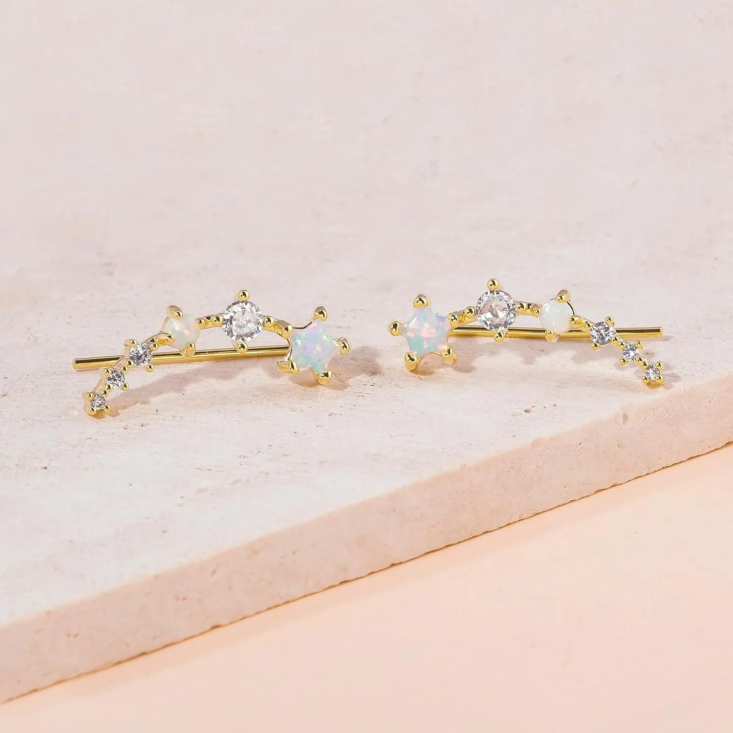 CiNily Star Opal Ear Cuffs Climber Earrings, 14K Gold CZ Ear Crawler Earrings for Women Small Cartilage Stud Earrings Fashion Hypoallergenic Jewelry Christmas Day Gifts, White Gold, Rose Gold