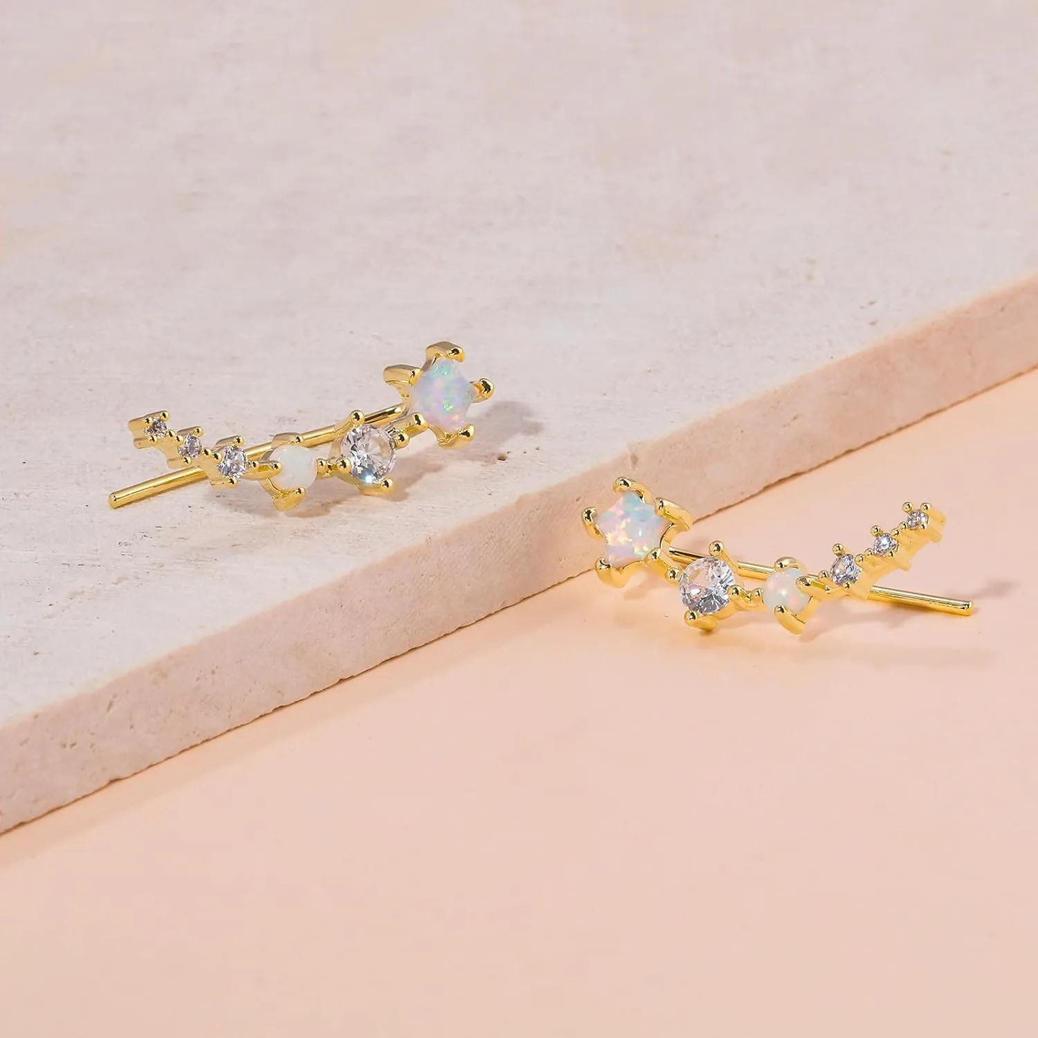 CiNily Star Opal Ear Cuffs Climber Earrings, 14K Gold CZ Ear Crawler Earrings for Women Small Cartilage Stud Earrings Fashion Hypoallergenic Jewelry Christmas Day Gifts, White Gold, Rose Gold