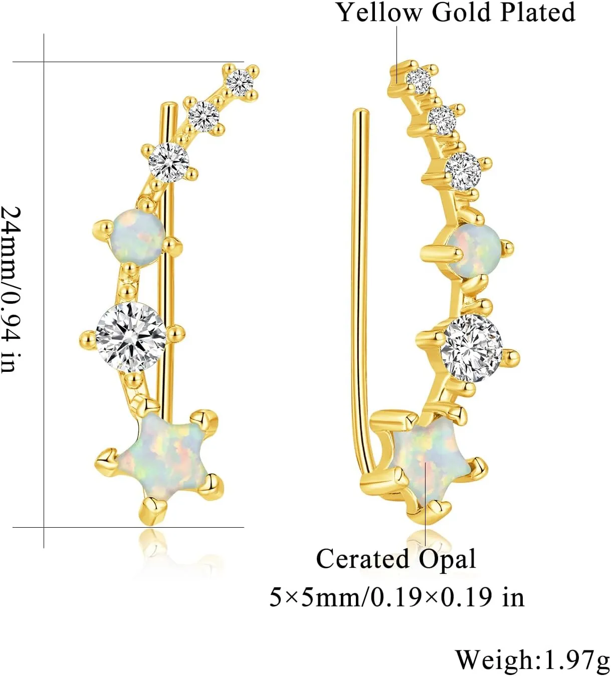 CiNily Star Opal Ear Cuffs Climber Earrings, 14K Gold CZ Ear Crawler Earrings for Women Small Cartilage Stud Earrings Fashion Hypoallergenic Jewelry Christmas Day Gifts, White Gold, Rose Gold