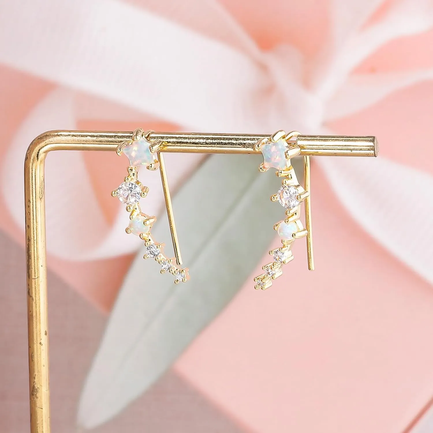 CiNily Star Opal Ear Cuffs Climber Earrings, 14K Gold CZ Ear Crawler Earrings for Women Small Cartilage Stud Earrings Fashion Hypoallergenic Jewelry Christmas Day Gifts, White Gold, Rose Gold