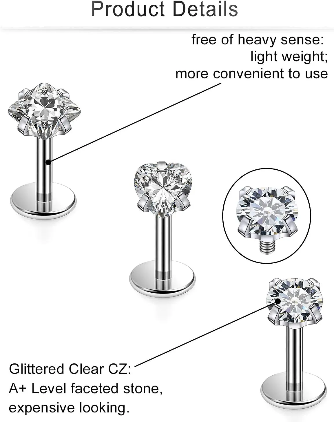 Cisyozi 20G 18G 16G Titanium Flat Back Nose Rings Hypoallergenic Medical Grade Diamond Nose Rings Studs for Women Men Internal Threaded Nose Studs Piercings Jewelry for Sensitive Skin