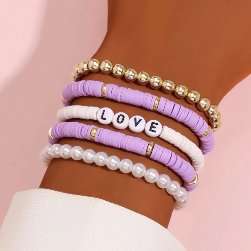Clataly 5Pcs Colorful Soft Pottery Bracelets Letter LOVE Bracelets Stackable Elastic Beaded Bracelets Jewelry for Women
