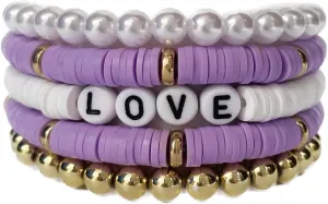 Clataly 5Pcs Colorful Soft Pottery Bracelets Letter LOVE Bracelets Stackable Elastic Beaded Bracelets Jewelry for Women
