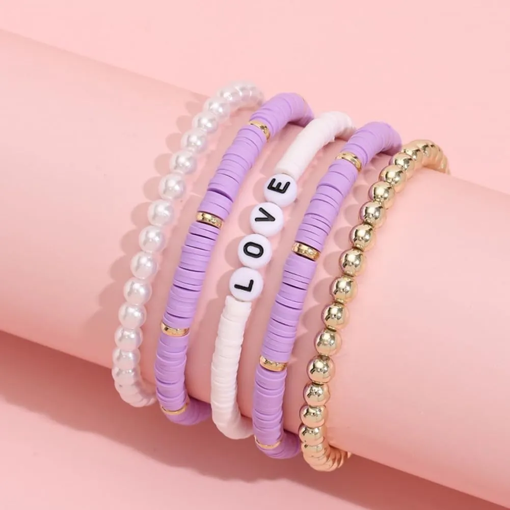 Clataly 5Pcs Colorful Soft Pottery Bracelets Letter LOVE Bracelets Stackable Elastic Beaded Bracelets Jewelry for Women