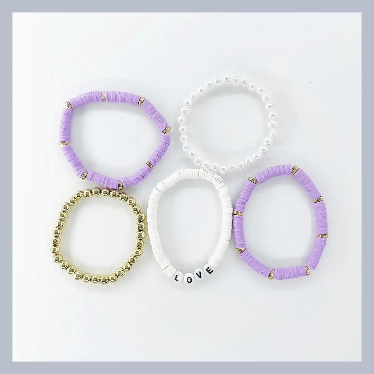 Clataly 5Pcs Colorful Soft Pottery Bracelets Letter LOVE Bracelets Stackable Elastic Beaded Bracelets Jewelry for Women