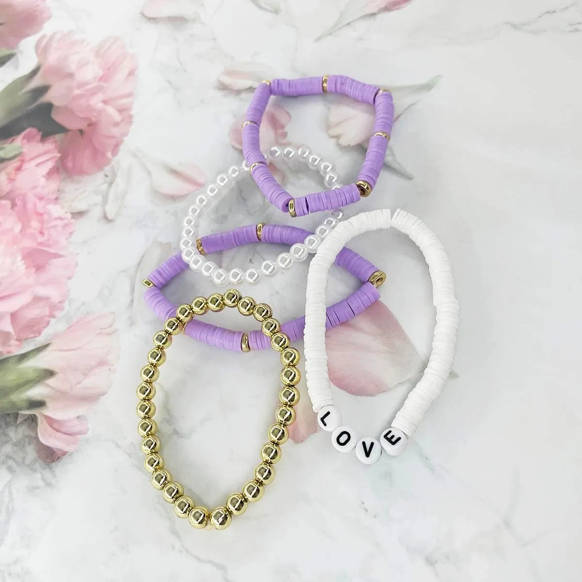 Clataly 5Pcs Colorful Soft Pottery Bracelets Letter LOVE Bracelets Stackable Elastic Beaded Bracelets Jewelry for Women