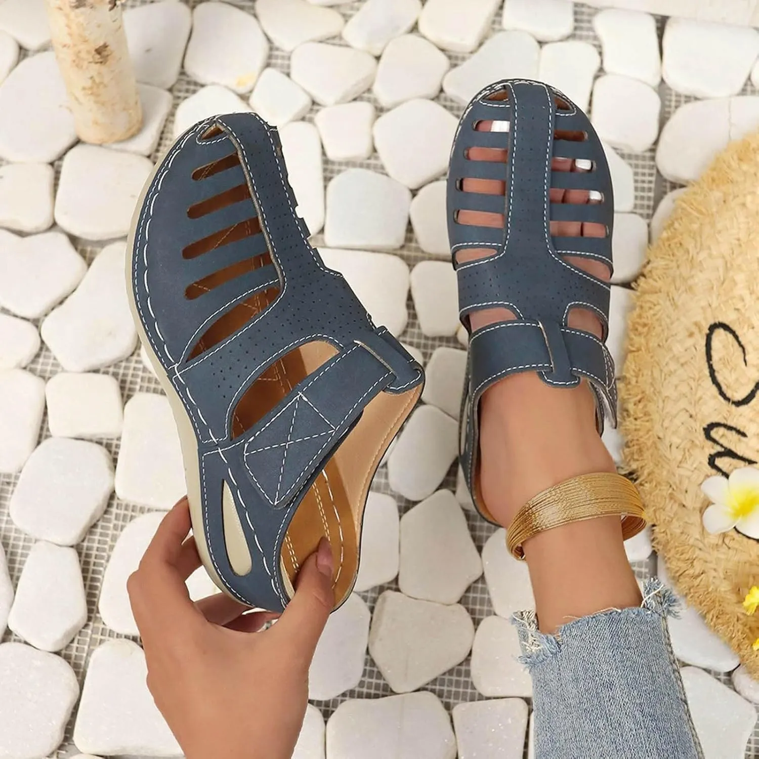 Closed Toe Wedge Sandals for Women Dressy Summer Comfortable Platform Wedges Ankle Strap Wide Width Walking Sandals Arch Support Casual Hollow Out Sandal Dress Shoes