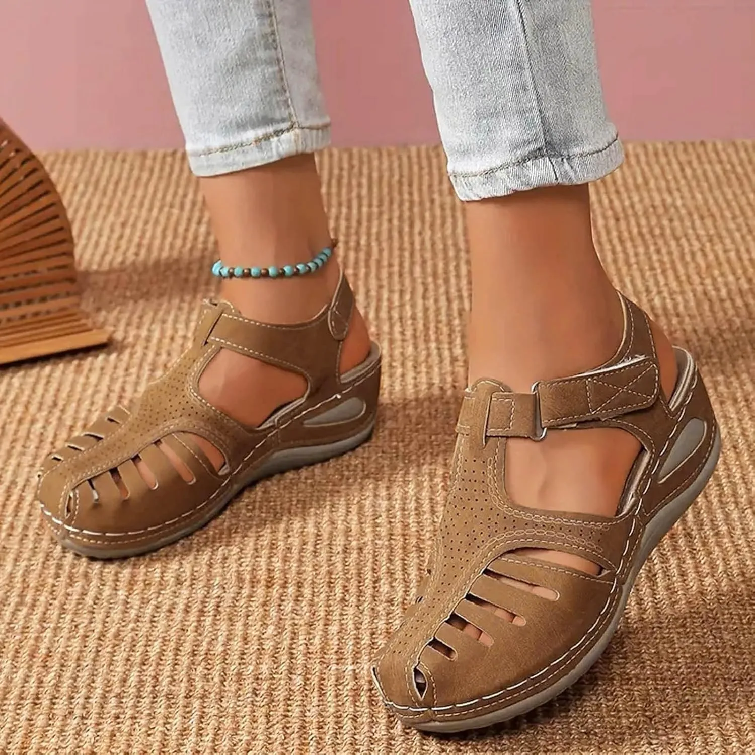 Closed Toe Wedge Sandals for Women Dressy Summer Comfortable Platform Wedges Ankle Strap Wide Width Walking Sandals Arch Support Casual Hollow Out Sandal Dress Shoes