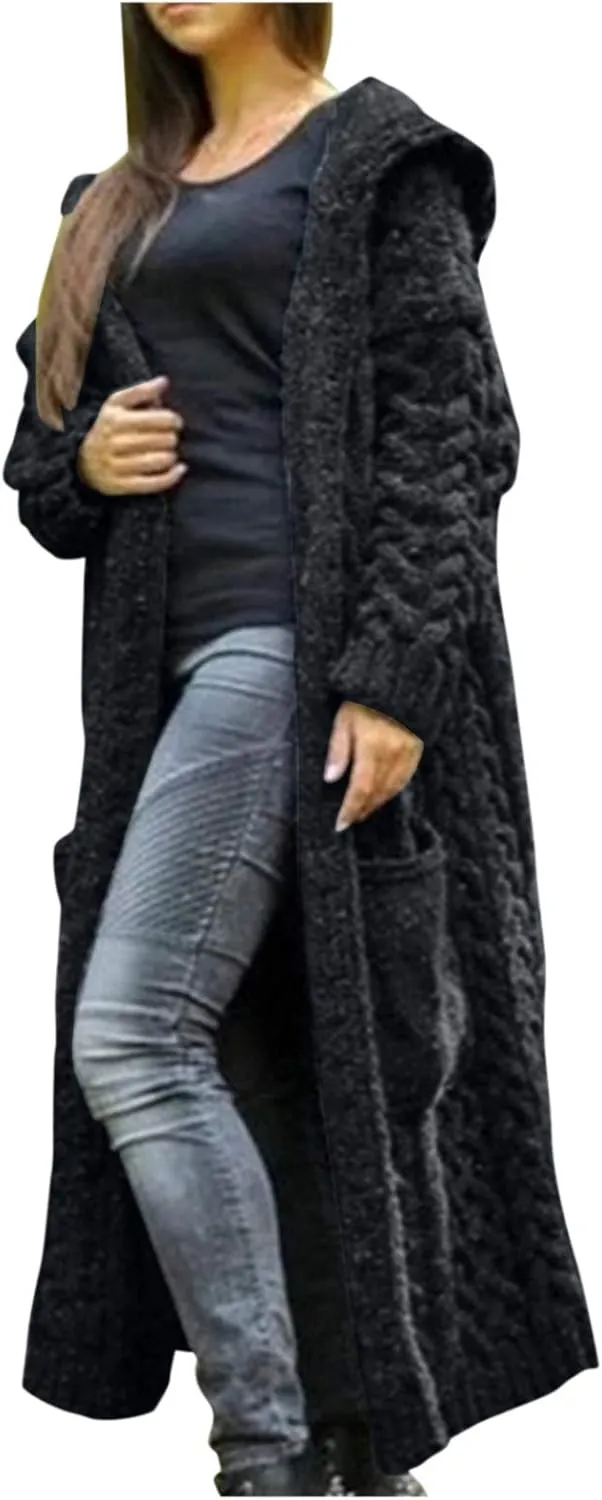Corduroy Jacket Women Oversized Baggy Knit Sweater Tops Long Sleeve Hooded Cardigan Coat with Pockets