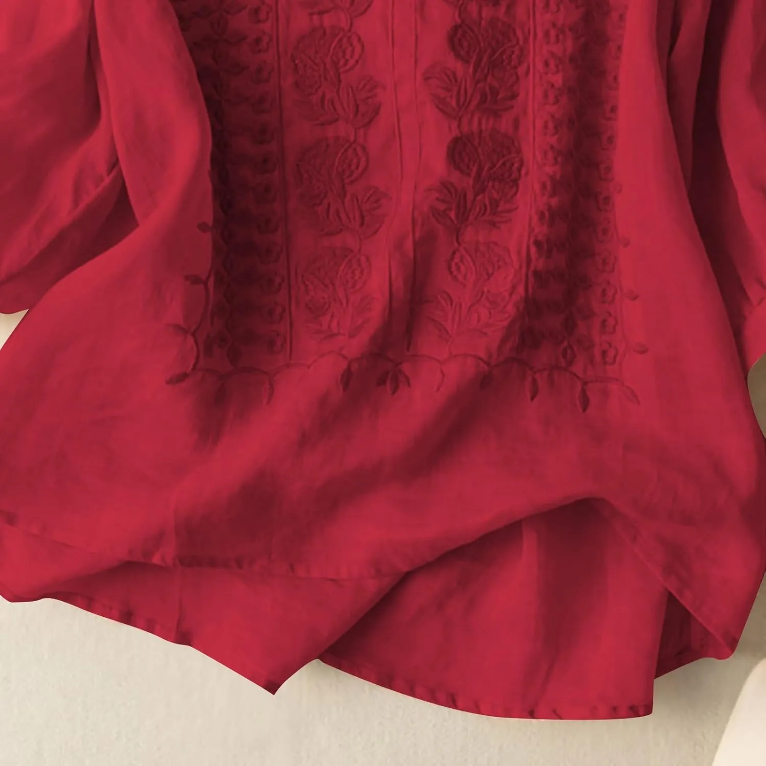 Cotton Linen Shirt for Women Short Sleeve Crew Neck Buttons Casual Boho Tops Summer Loose Fashion Embroidered Blouse