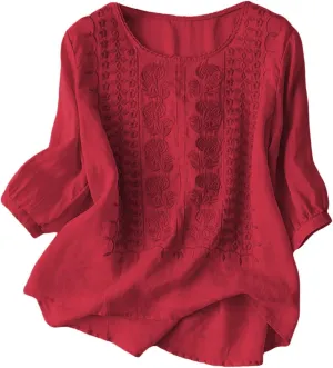 Cotton Linen Shirt for Women Short Sleeve Crew Neck Buttons Casual Boho Tops Summer Loose Fashion Embroidered Blouse