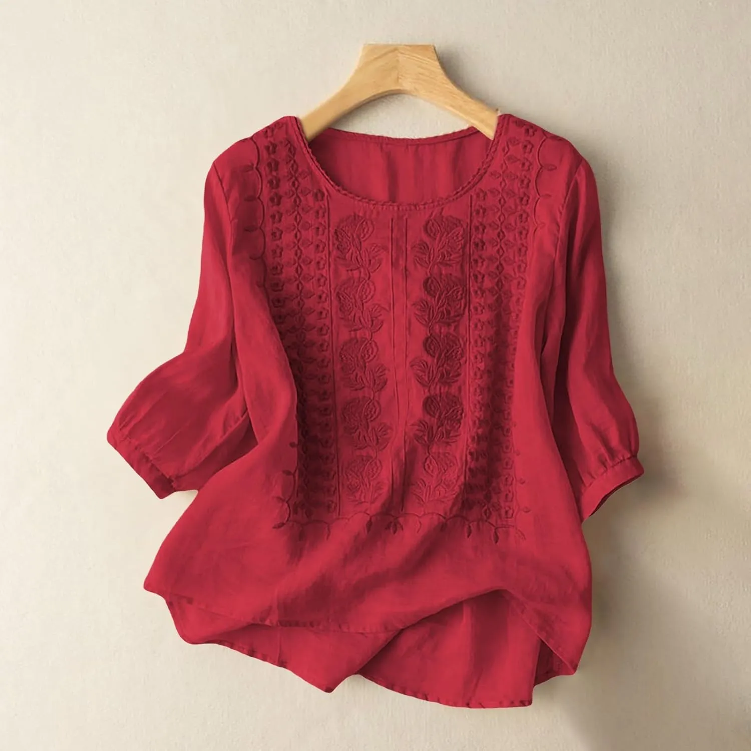 Cotton Linen Shirt for Women Short Sleeve Crew Neck Buttons Casual Boho Tops Summer Loose Fashion Embroidered Blouse