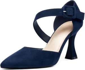 Coutgo Women's One Cross Strap Pumps Pointed Toe Stiletto High Heels Buckle Strap Dress Party Wedding Shoes