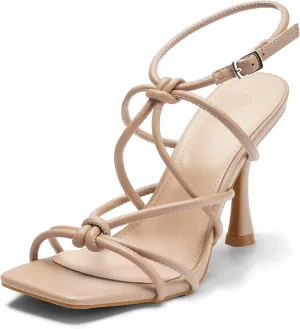 Coutgo Womens Strappy Heels Sandals Kitten Heeled Square Toe Ankle Strap Buckle Gladiator Stilettos Dress Party Shoes