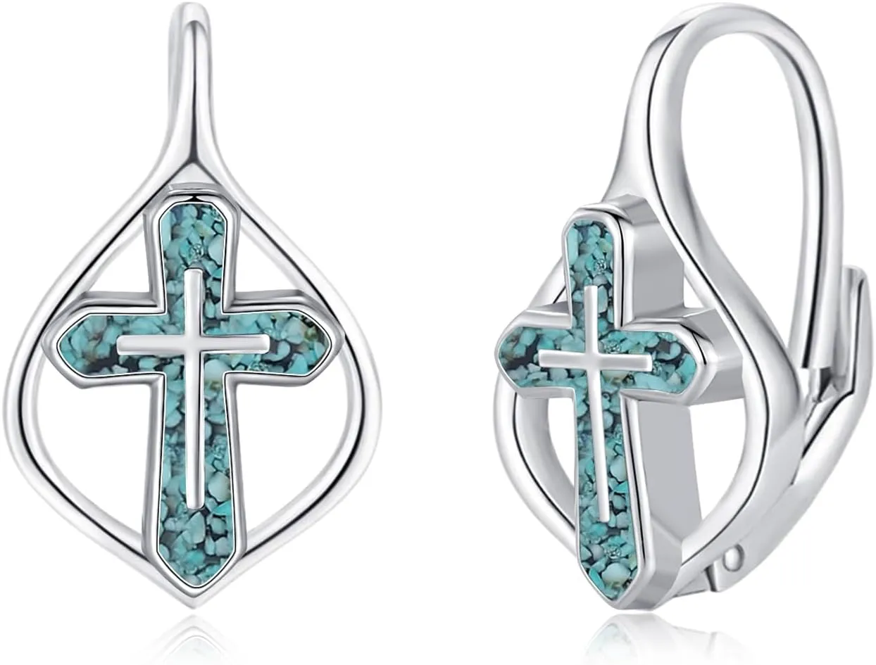 Cuoka Angel Wings,Feather Cross Earrings 925 Sterling Silver Unisex Hanging Dangle Drop Earrings,Small Hoop Earrings Jewelry for Women Men