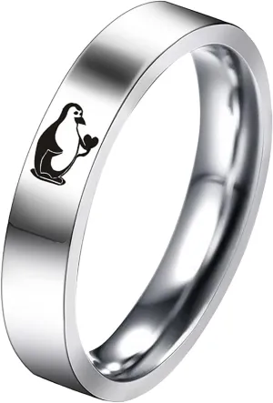 Cute Penguin Print Couple Rings for Women Men Stainless Steel Anniversary Ring Minimalist Engagement Ring
