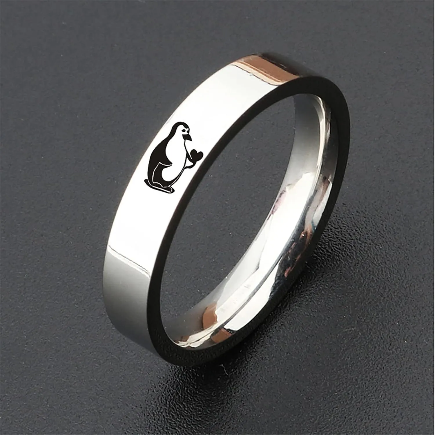 Cute Penguin Print Couple Rings for Women Men Stainless Steel Anniversary Ring Minimalist Engagement Ring