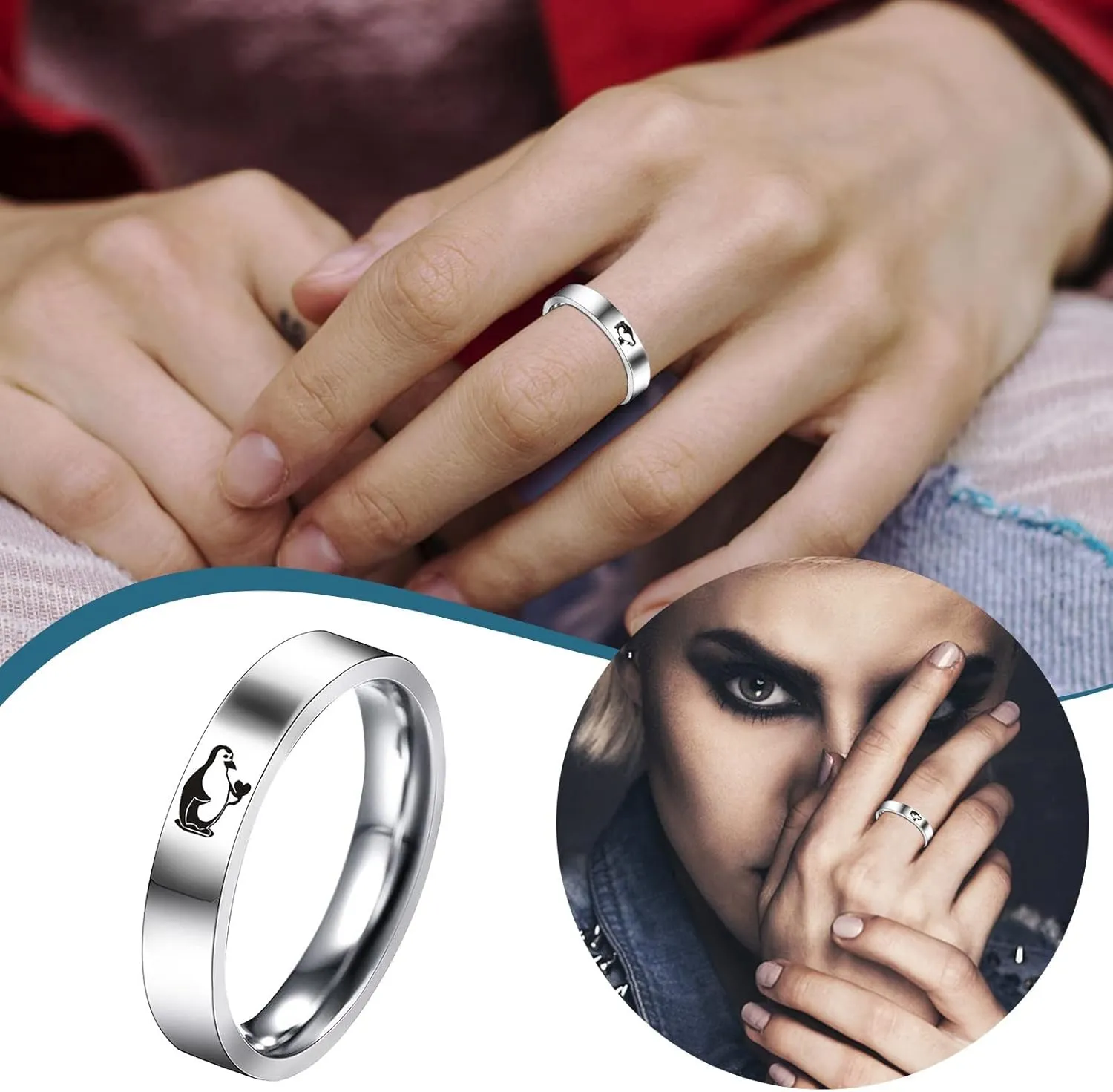 Cute Penguin Print Couple Rings for Women Men Stainless Steel Anniversary Ring Minimalist Engagement Ring