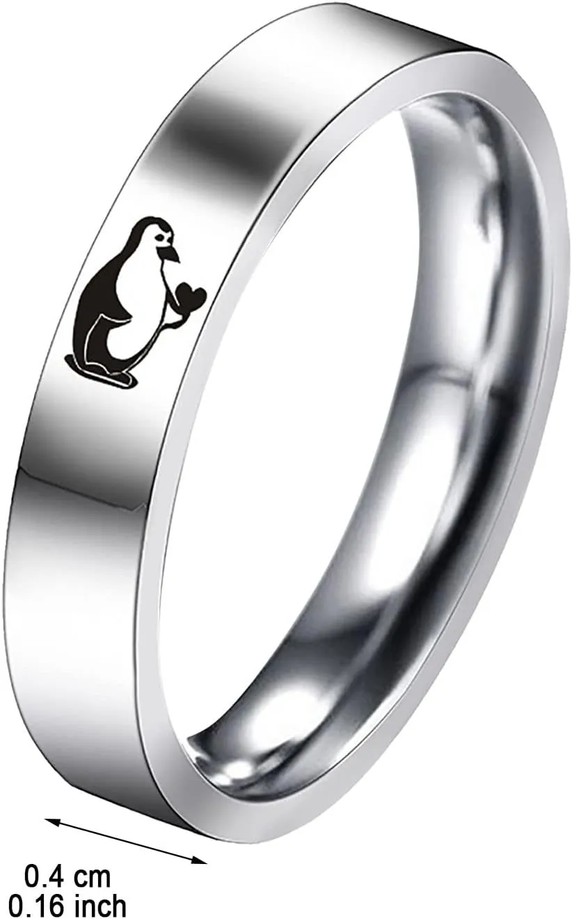 Cute Penguin Print Couple Rings for Women Men Stainless Steel Anniversary Ring Minimalist Engagement Ring