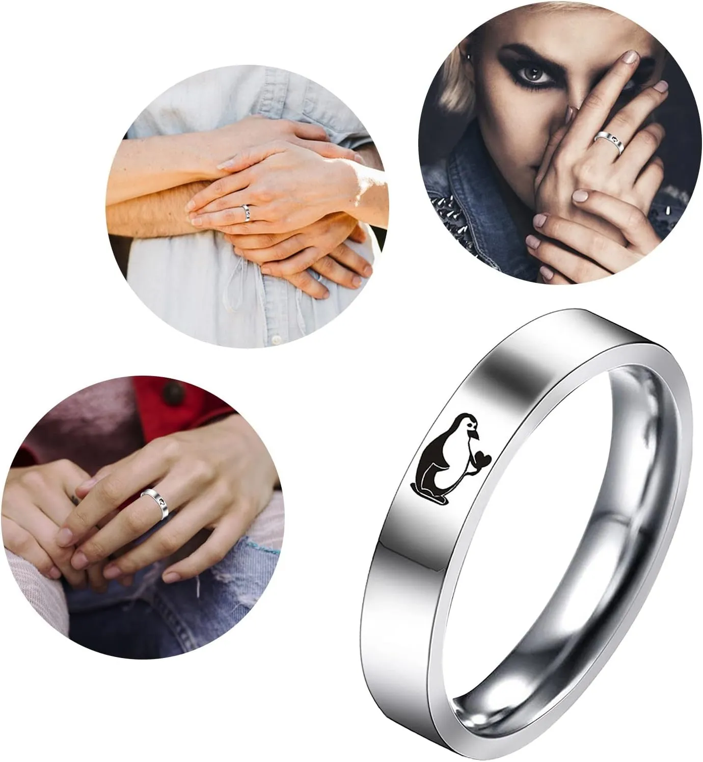 Cute Penguin Print Couple Rings for Women Men Stainless Steel Anniversary Ring Minimalist Engagement Ring