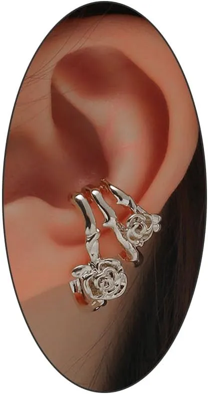 Cute Rose Flower Clip on Earrings - Chunky Cuff Gold Earrings -Gold Plated C-Shape Hoop Earrings -Hypoallergenic Earrings No Ear Piercing - Christmas Wedding Jewelry Gifts for Women
