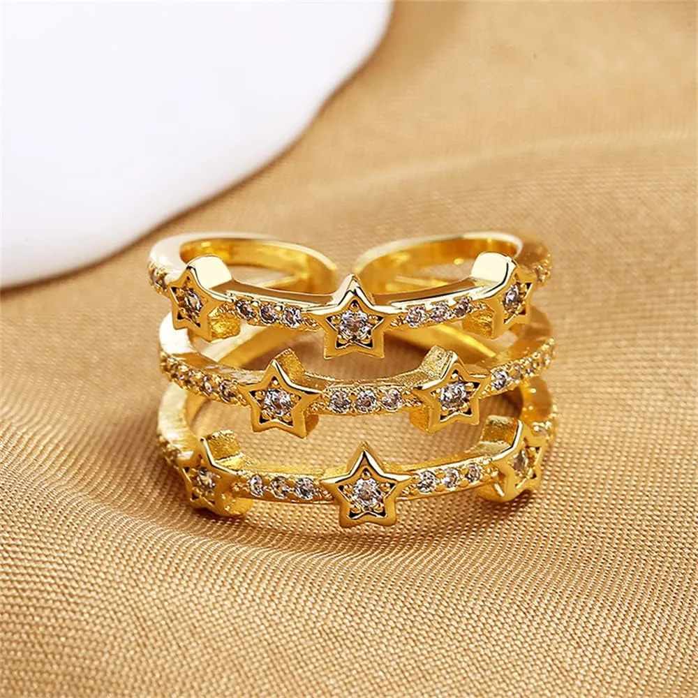 CZ Crescent Moon Star Multi Layered Small Open Rings for Women Shiny Cubic Zirconia Stacking Statement Promise Finger Knuckle Pinky Rings for Wife Girlfriend Anniversary Bff Daughter Birthday Xmas