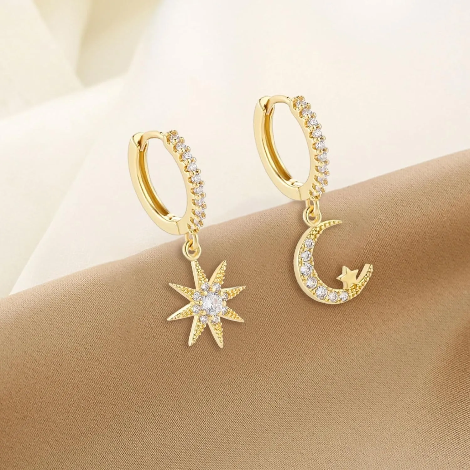Dainty 14K Gold Sun and Moon EarringsSmall Gold Huggie Hoop Earrings For Women Hypoallergenic Jewerly For Girls