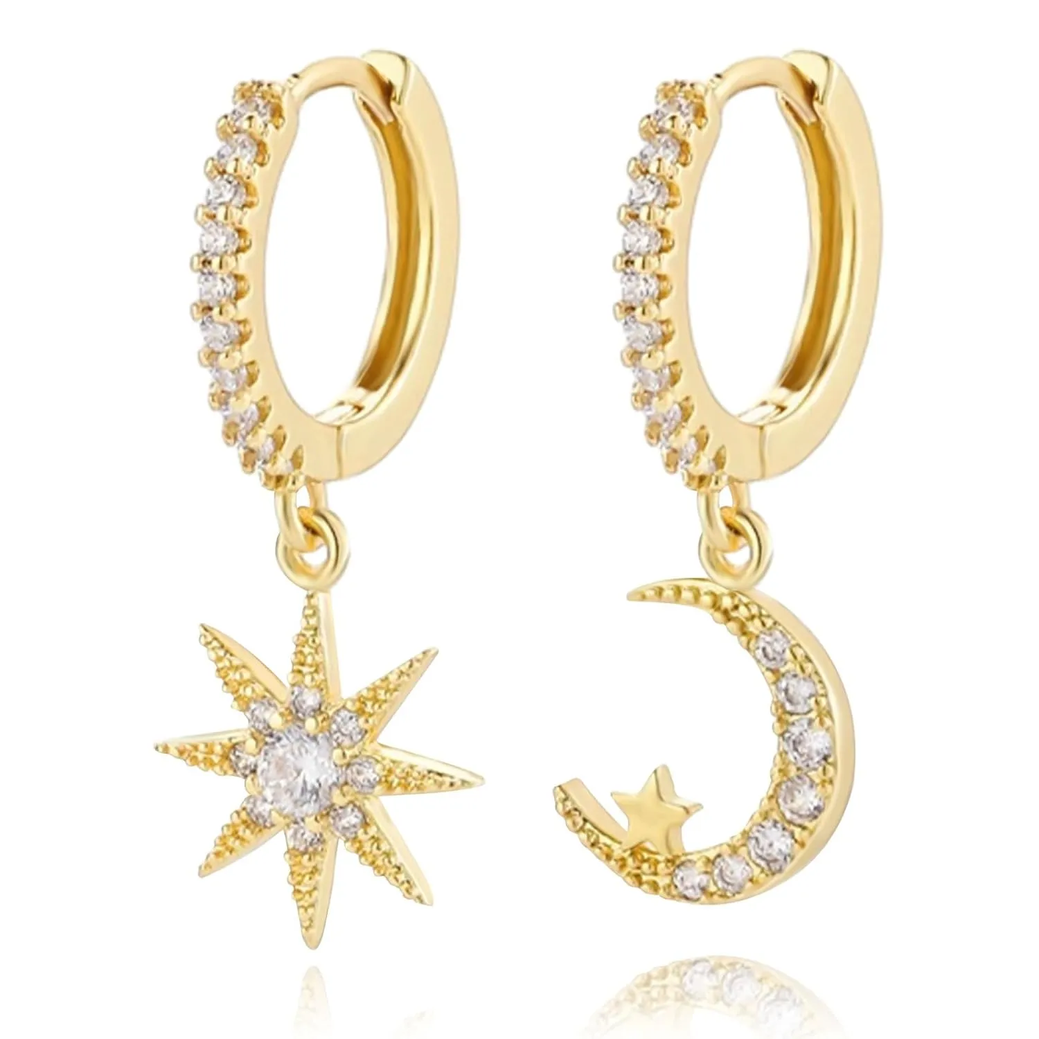 Dainty 14K Gold Sun and Moon EarringsSmall Gold Huggie Hoop Earrings For Women Hypoallergenic Jewerly For Girls