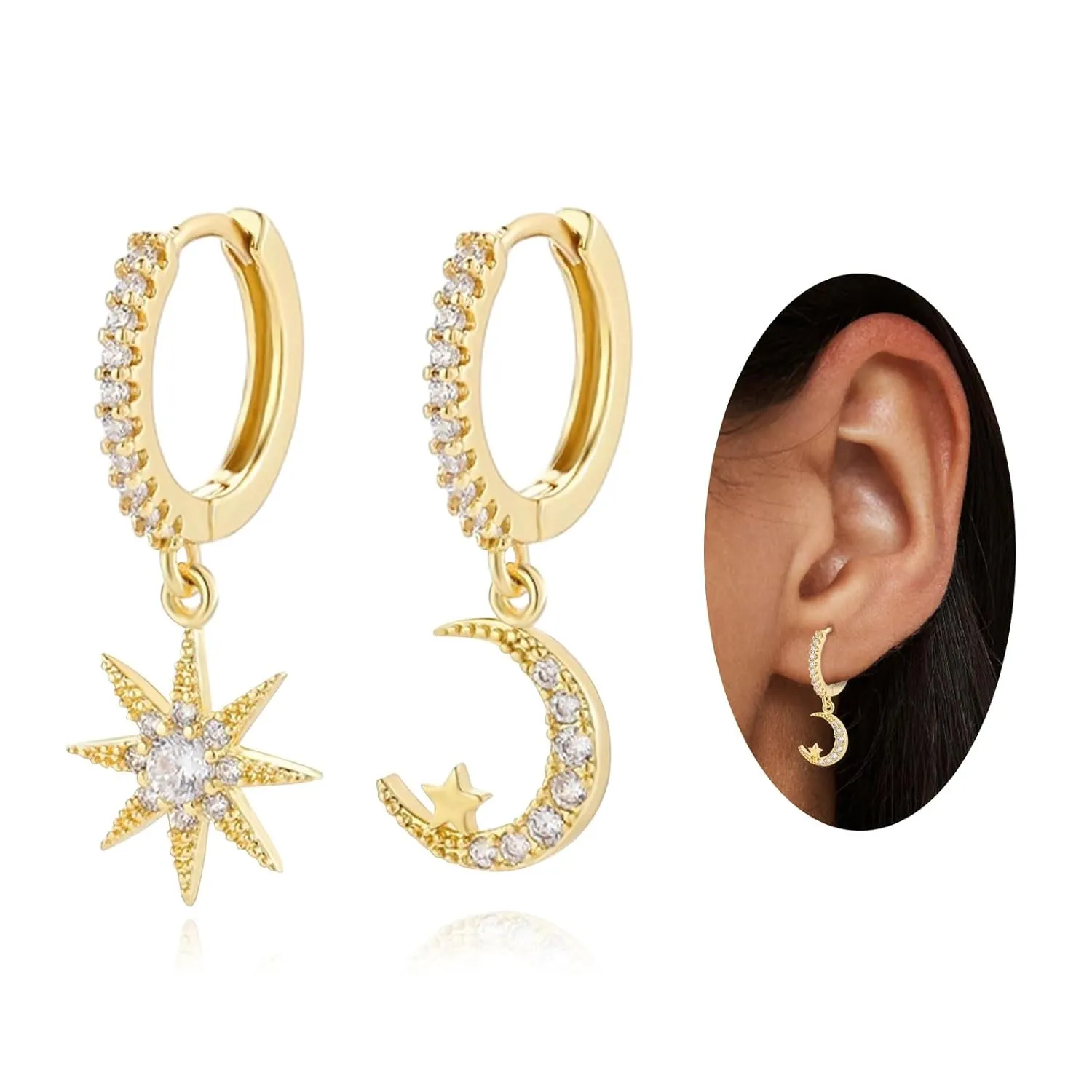 Dainty 14K Gold Sun and Moon EarringsSmall Gold Huggie Hoop Earrings For Women Hypoallergenic Jewerly For Girls