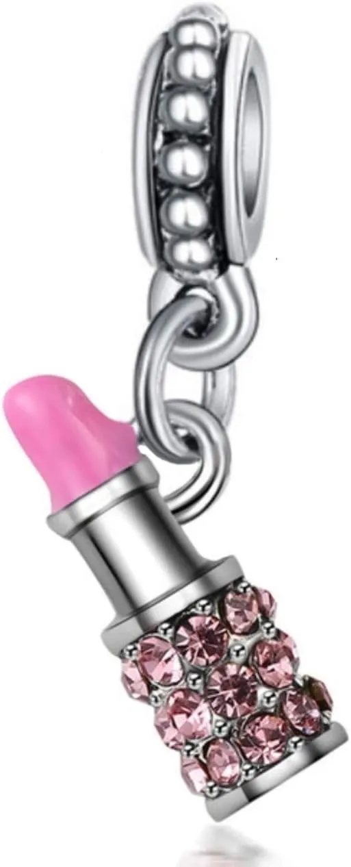 Dangle Pink Crystal Lipstick Charm Bead for Bracelets