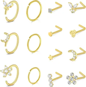 D.Bella 18G Nose Rings for Women Nose Rings Studs Stainless Steel L-Shaped Nose Studs Screw Nose Piercing Jewelry