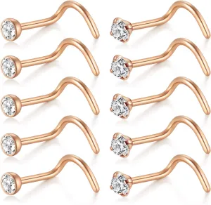 D.Bella Nose Rings 10Pcs 18G Nose Screw Rings Studs Surgical Steel Piercing Jewelry 2mm Clear CZ Silver