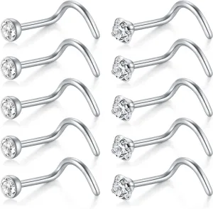 D.Bella Nose Rings 10Pcs 18G Nose Screw Rings Studs Surgical Steel Piercing Jewelry 2mm Clear CZ Silver