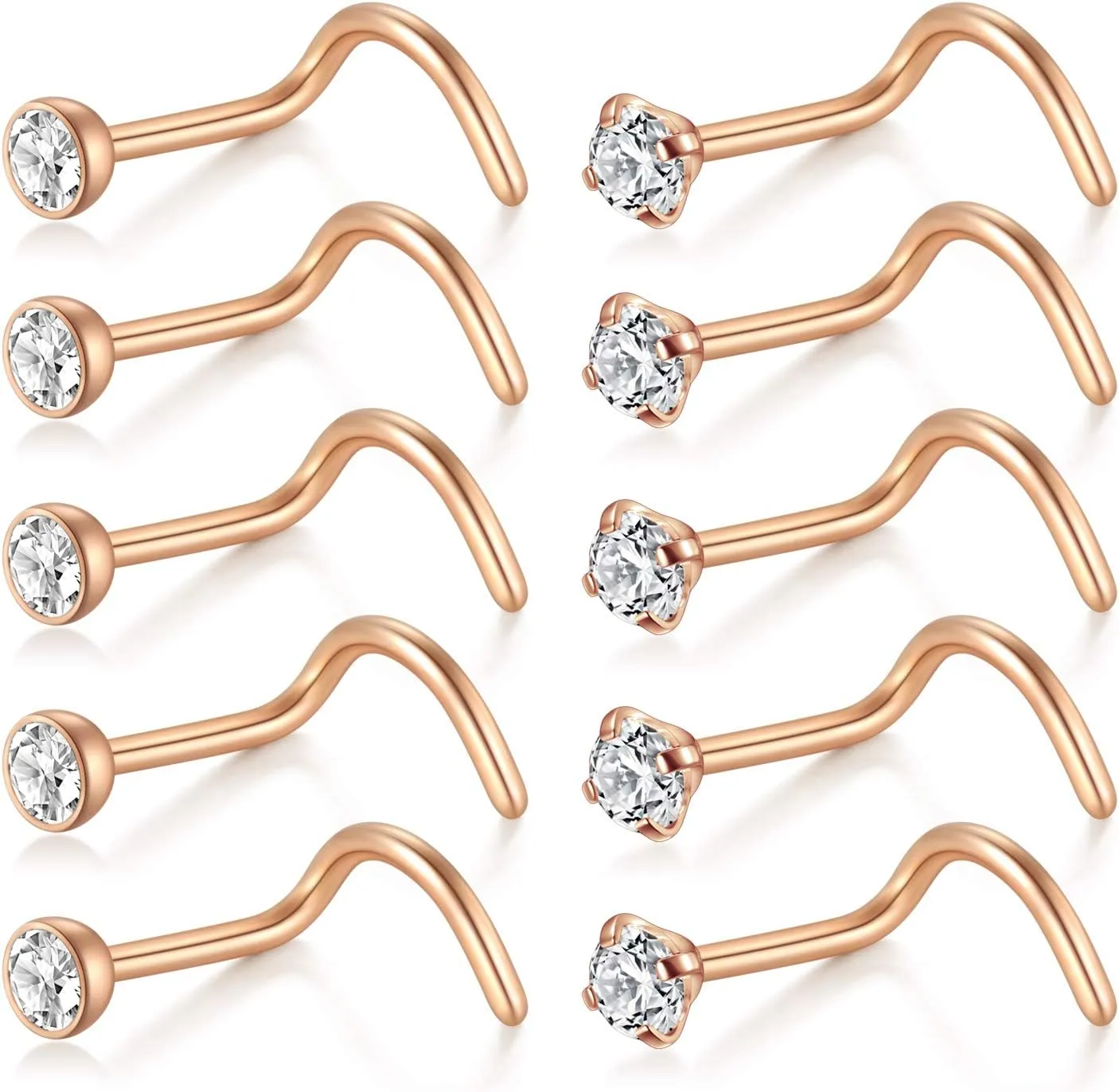 D.Bella Nose Rings 10Pcs 18G Nose Screw Rings Studs Surgical Steel Piercing Jewelry 2mm Clear CZ Silver