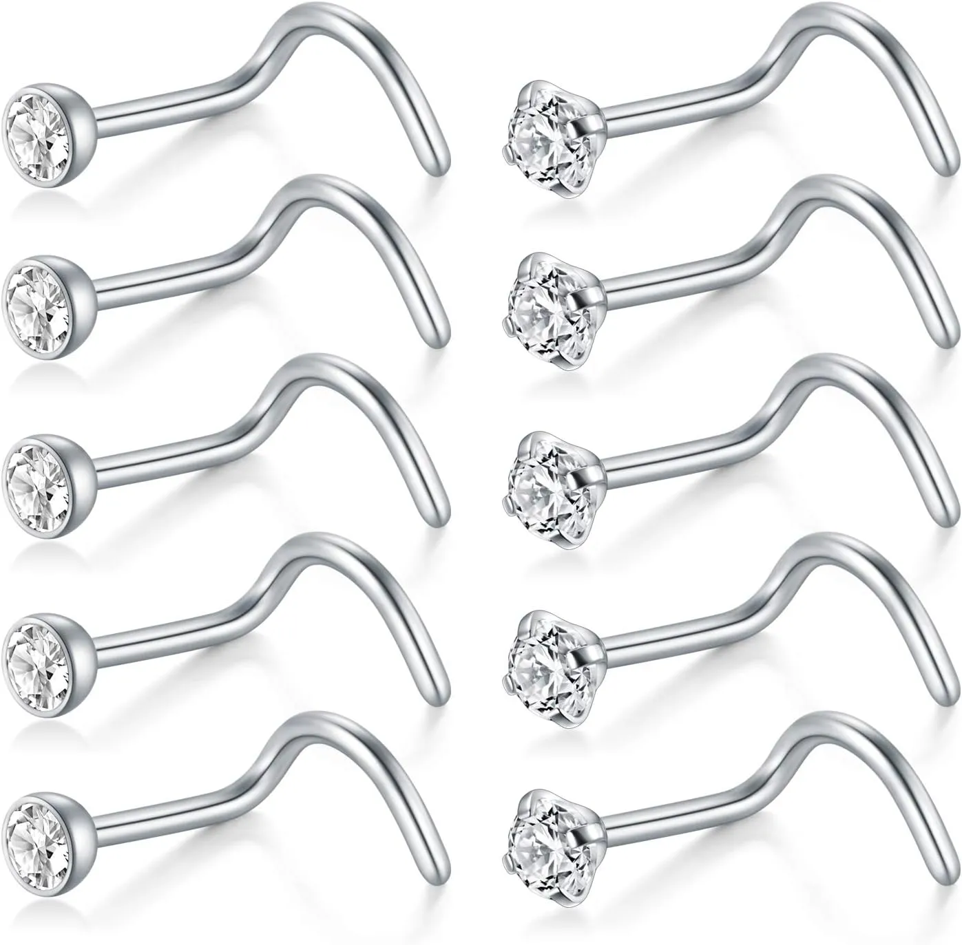 D.Bella Nose Rings 10Pcs 18G Nose Screw Rings Studs Surgical Steel Piercing Jewelry 2mm Clear CZ Silver