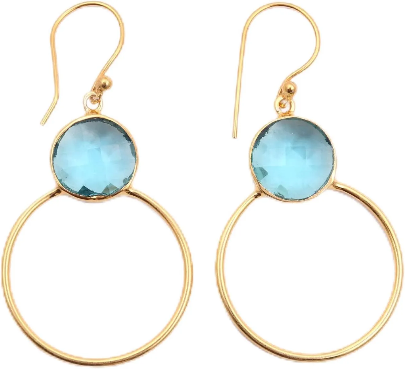 Designer Blue Topaz Hydro Gemstone Brass Handmade Design Round Shape Gold Plated Dangle Earrings