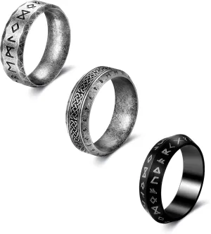 Dochais 3PCS Stainless Steel Viking Rings for Men, Black Mens Rings, Norse Viking Runes Vintage Ring Celtic Runes Ring Nordic Ring Band Jewelry Gift for Men Women